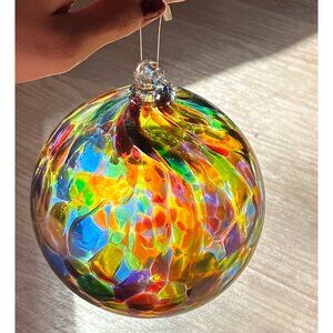 Handblown Glass Ornament Rainbow Swirl Art Sphere Sun Catcher 4” Diameter